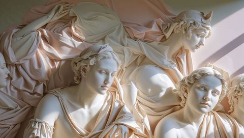 Marble sculptures with flowing drapery in sunlit gallery