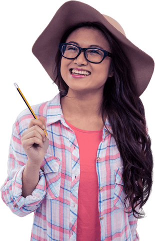 Transparent Smiling Asian Woman Holding Pencil in Casual Outfit and Hat