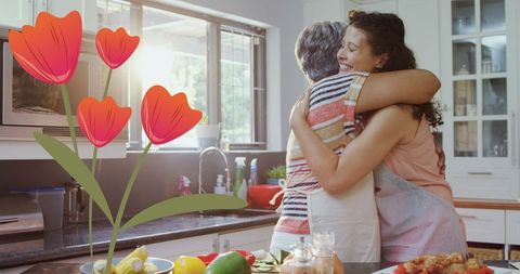 Joyful family embrace in sunlit home kitchen