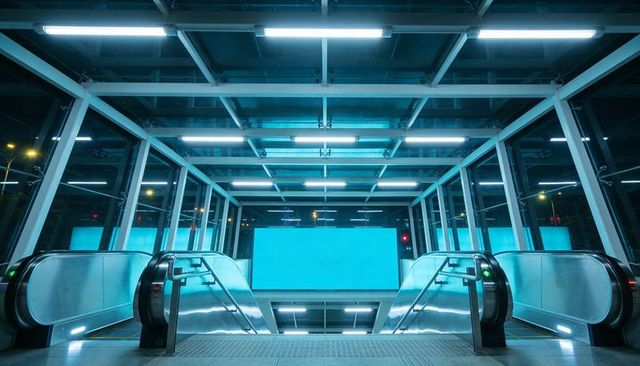 Descending escalators framing glowing cyan billboard in futuristic transit pavilion