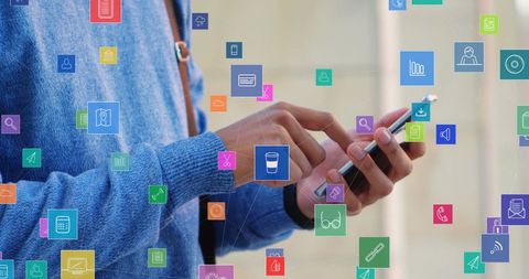 Man Using Smartphone with Digital Networking Icons Overlay - Download Free Stock Images Pikwizard.com