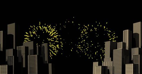 Yellow Fireworks Illuminate City Skyline at Night