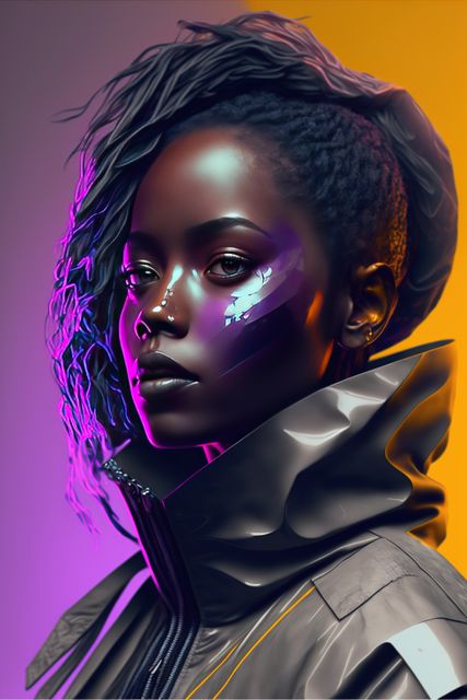 Portrait of african american woman with cyber adjustment, created using generative ai technology. Cyber, prosthetics and future concept, digitally generated image.