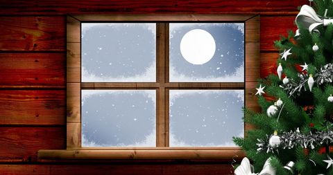Moonlit winter night past window with snow and christmas tree