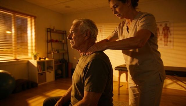 Senior man receiving neck therapy from female therapist in warm rehabilitation clinic