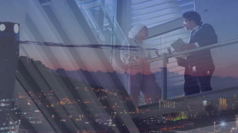 Business Professionals Negotiating with Cityscape Overlay Concept