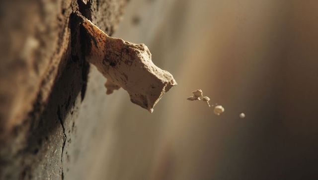 Macro dried clay protrusion shedding tiny crumbs from cracked plaster wall
