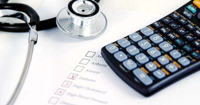 A stethoscope lies next to a calculator on a medical form indicating a check on diabetes, with copy space. It suggests a focus on healthcare costs and the management of chronic conditions like diabetes.
