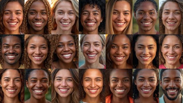 Grid of diverse smiling faces collage, close-up portraits capturing natural joy and warmth