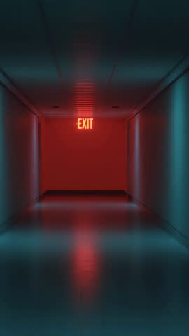 Vertical Moving Camera Gliding Down Neon Corridor Toward Glowing EXIT Sign Reflection