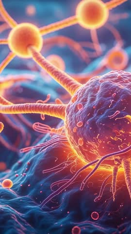 Glowing Neural Cell Sending Signals Through Microscopic Network | Vertical Biomedical Visualization