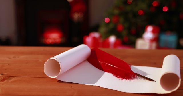 Cozy Christmas Scene with Blank Scroll and Red Quill Feather Pen - Download Free Stock Images Pikwizard.com