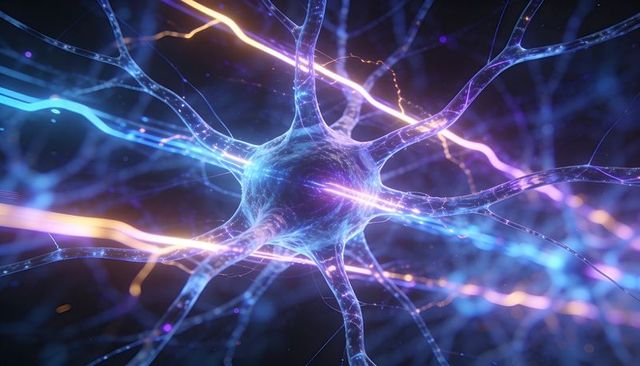 Pulsing neuron sending glowing signals through dendrites, axon in neural network render
