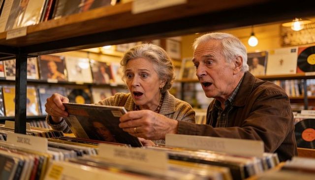 Senior couple discovering vintage vinyl in cozy record store under warm nostalgic glow