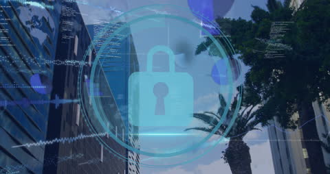 Digital Security Lock Overlay on Urban Cityscape