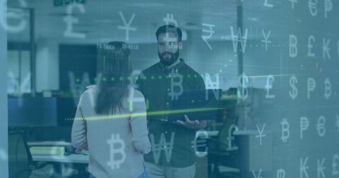 Global Financial Dialogue in Modern Office with Currency Symbols