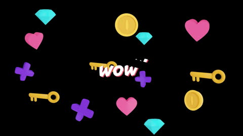 Colorful Abstract Animation with Floating Icons and 'Wow' Text