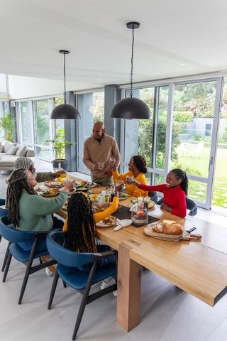 African american family sharing meal and toasting at modern sunlit open-plan dining table