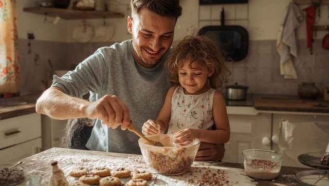 Father guiding daughter stirring bowl of sprinkles while baking cookies in sunlit kitchen