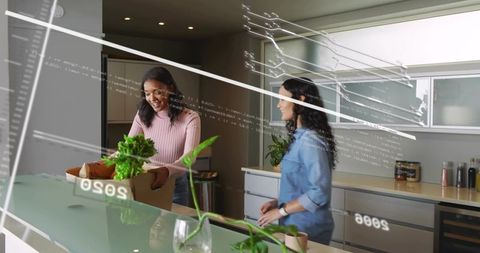 Women unpacking grocery box in modern kitchen with ar overlays and minimalist interior