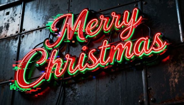Glowing merry christmas neon sign hanging on riveted industrial metal panels