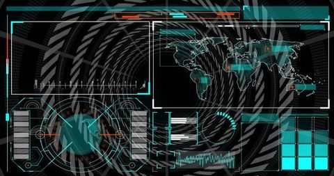 Futuristic dashboard with scanning interface and world map display
