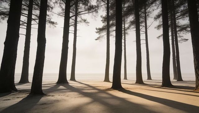 Pine trunks casting long shadows across misty sandy shore minimalist coastal silhouette