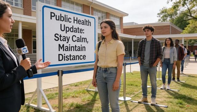Students maintaining social distance on campus while reporter covers public health update