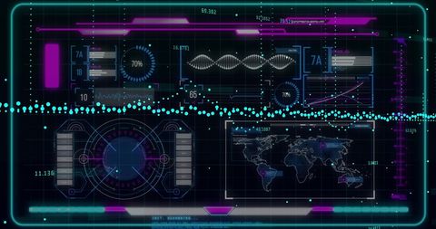 Futuristic data processing interface with technology charts