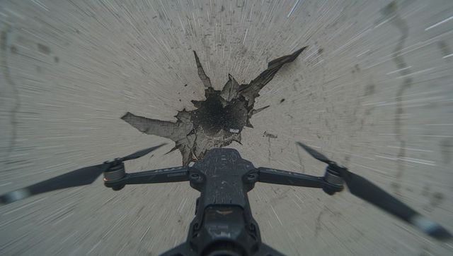 Drone nose and propellers flying over shattered concrete crater with dynamic motion blur