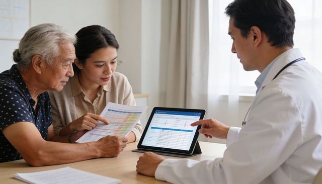 Doctor explaining heart monitor results to elderly patient and daughter using tablet