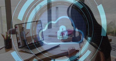 Cybersecurity concept with cloud security overlay and remote work scene