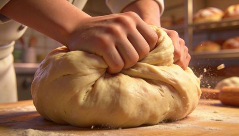 Closeup Baker Kneading Glossy Dough on Floured Wooden Bench with Rolling Pin