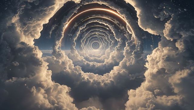 Spiraling cloud tunnel with golden rings, surreal cosmic vortex and ethereal halo
