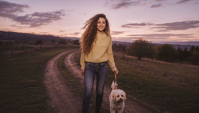Smiling woman walking curly dog on country dirt road at sunset