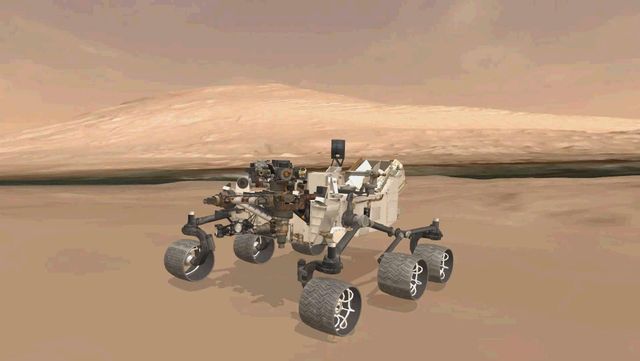 3D virtual model of NASA Curiosity rover depicted inside Gale Crater, near Mount Sharp. Useful for educational content, space exploration articles, scientific research material, and illustrative support in presentations detailing extraterrestrial missions.