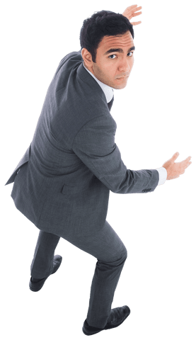 Insecure businessman holding something on transparent background