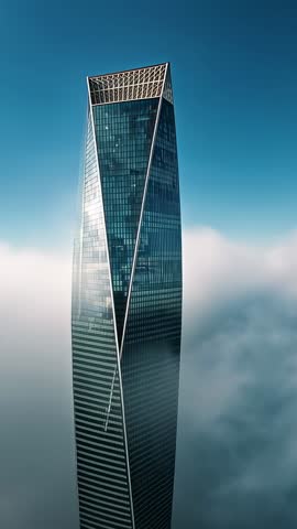 Vertical drone video zooming out on glass skyscraper piercing clouds with V-brace facade