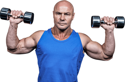 Transparent portrait of bodybuilder exercising with dumbbells