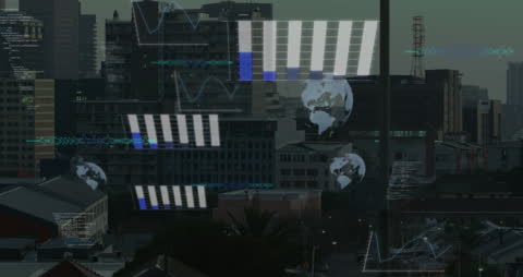 Digital Data Animation Over Urban Cityscape