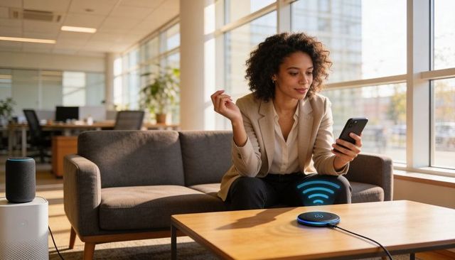 Businesswoman using smartphone and smart hub on coffee table in sunlit corporate lounge