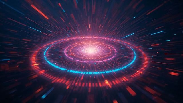 Futuristic Pulsating Rings with Luminous Segments in Digital Space