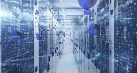 Data Processing Overlay on Modern Server Room with Mathematical Equations