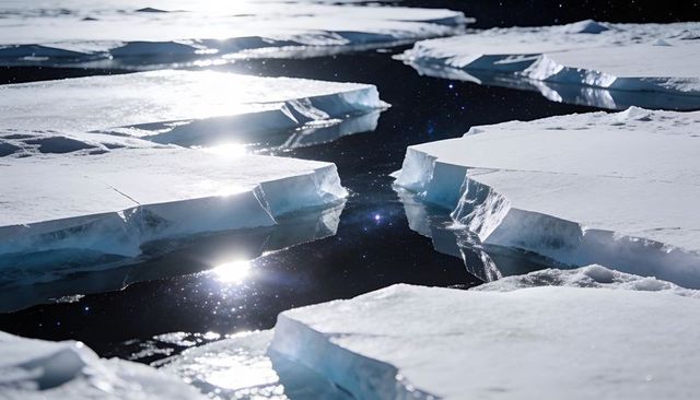 Sunlit arctic sea ice leads with floating tabular slabs and mirror-like reflective water