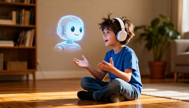 Child interacting with holographic robot assistant while wearing headphones, playful learning concep