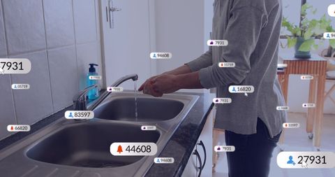 Woman Washing Hands with Social Media Notifications Overlay