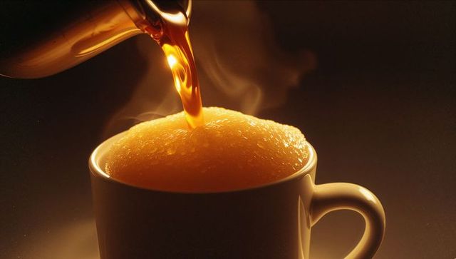 Pouring Hot Amber Beverage from Metal Pot into White Mug