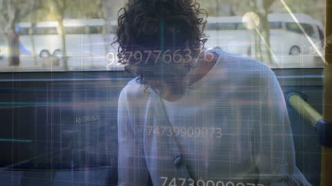 Caucasian Man Using Smartphone on Bus with Overlaid Digital Data