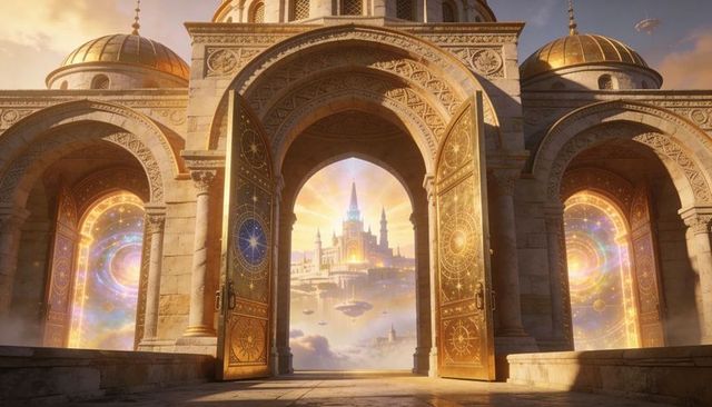 Golden gateway revealing floating castle above clouds through ornate archway