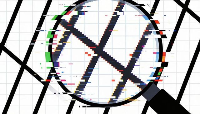 Magnifying lens revealing pixelated digital glitch on diagonal grid with color artifacts